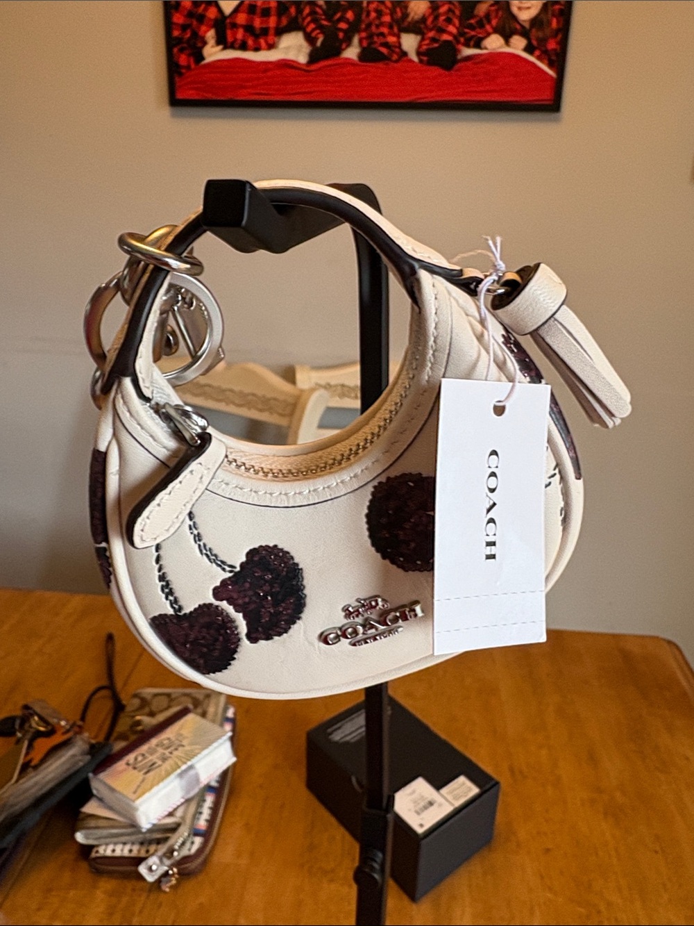 NWT COACH Cream Leather Cherry-Embroidered Mini Hobo Bag